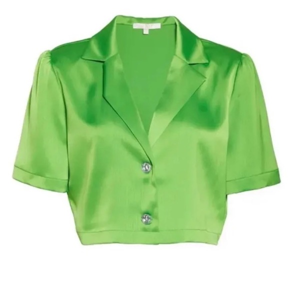 NWT Wayf lime green Roxbury Satin Crop Button-Up Shirt sz XS - Picture 1 of 7